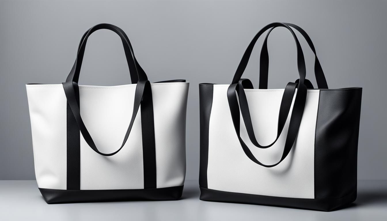 White and black tote bags mock up on a grey background.