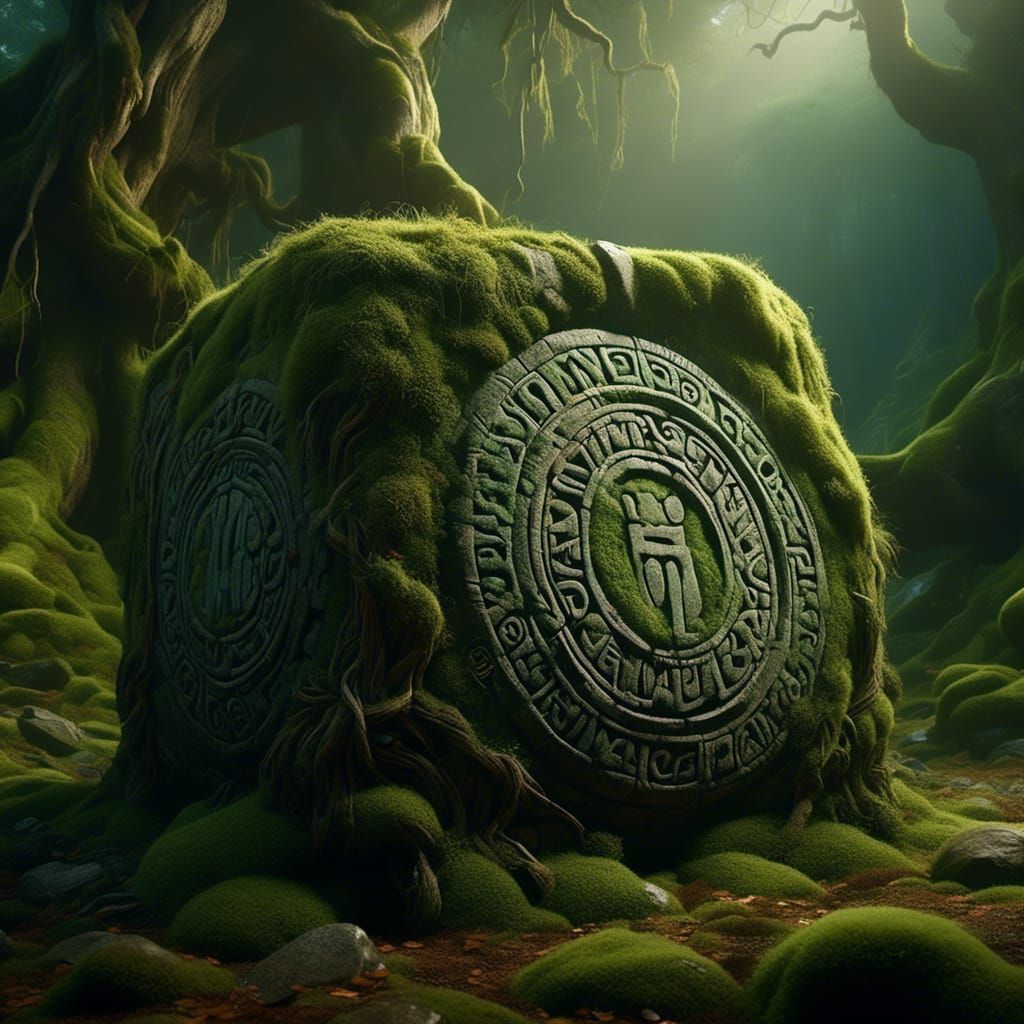  <lora:Entimals:1.0> A stone carved with ancient runes, covered in moss