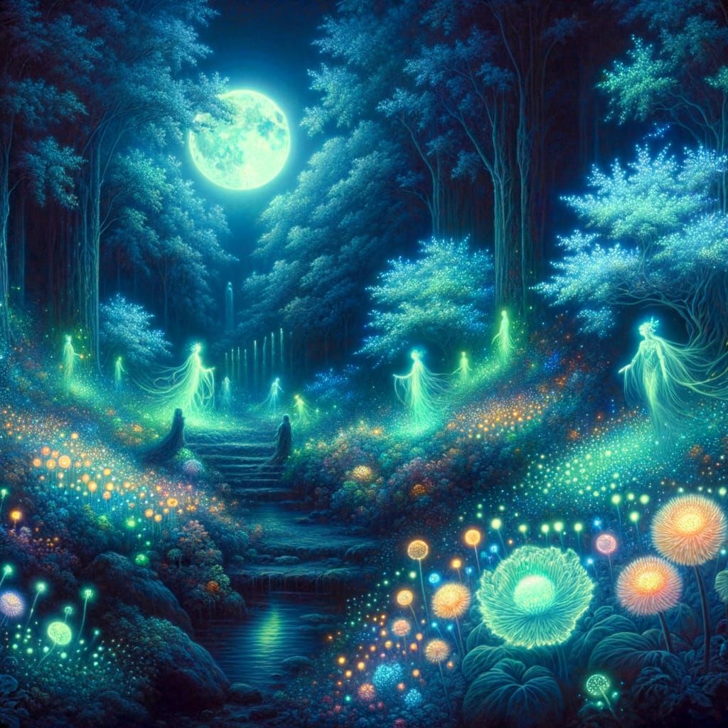 A serene, moonlit garden filled with bioluminescent plants and ethereal spirits. The spirits dance and ...  by @TheBiSpy