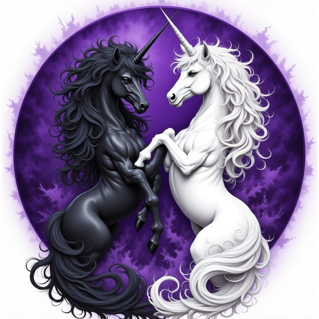 Black & white <lora:The BWYinYang of Red:1.0> yin yang unicorns inside a purple circle unbroken <lora:A Circle Unbroken:1.0> <lora:Feeling P...
