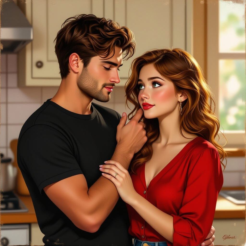 Tender Moment: Young Couple in Oil Painting Style