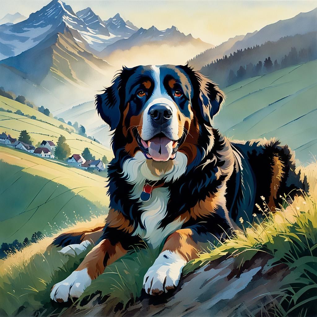 Close up of a happy Bernese Mountain dog laying on top of a hill in the ...