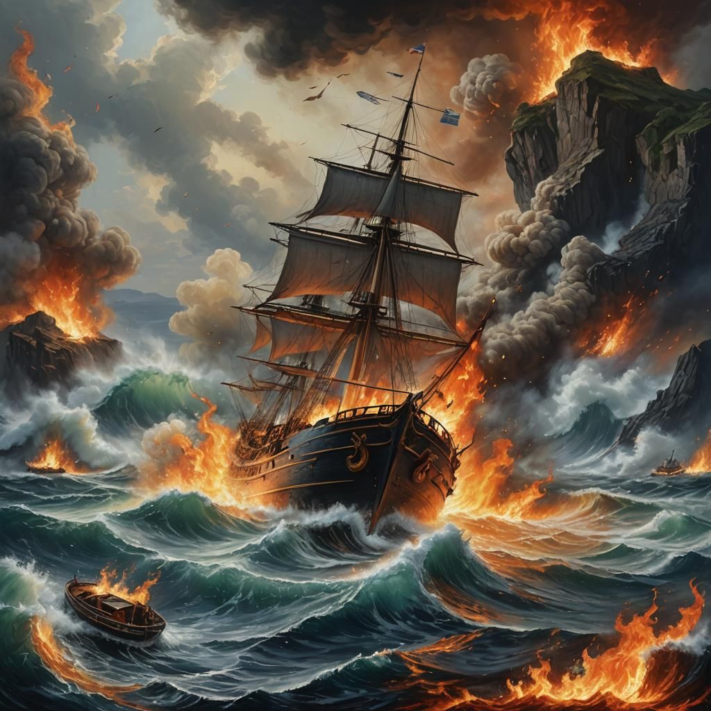 (((Masterpiece))), (best quality), ((ultra detailed)),sea, boat in flames, drama

  by @Nednut4362