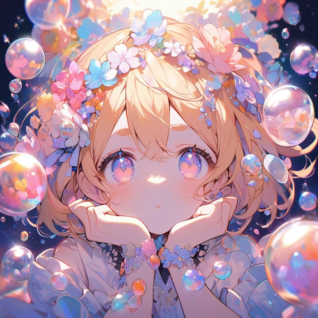 Cute Anime Girl Profile with Flowers and Bubbles