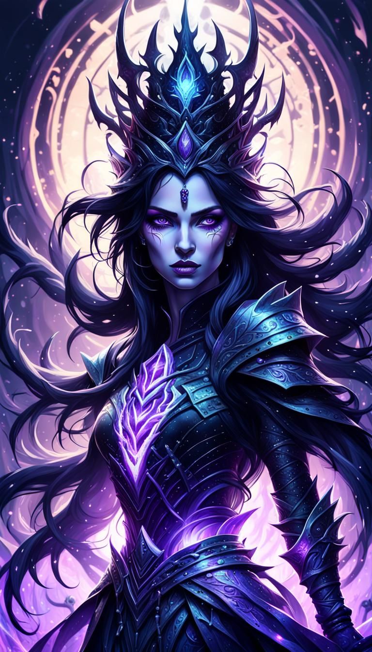 Beautiful and mean strong queen with black hair and purple eyes, dark magic around her