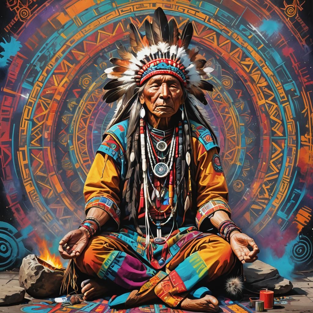 Old American Indian shaman meditating, geometric mandala backgound  by @iAmDaddyRandy