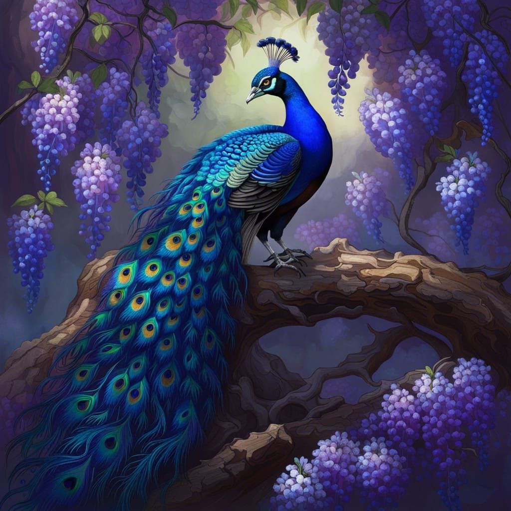 Magnificent and iridescent cobalt blue peacock perched on tree trunk, mesmerizing and cascading blooms ...  by @Mapleaf100color