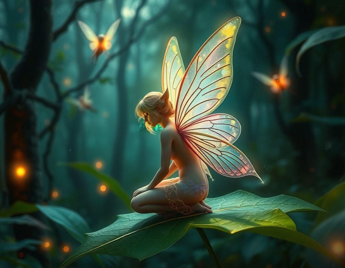A very beautful brooding fairy is sitting on a green leaf in an enchanted forest, the wings of the fairy ...  by @Kindly Offer