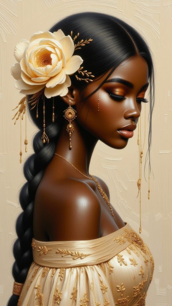 <lora:Braided Echoes:1.0> An elegant portrait of a young woman with dark skin, rendered in a soft, painterly ...  by @Darien
