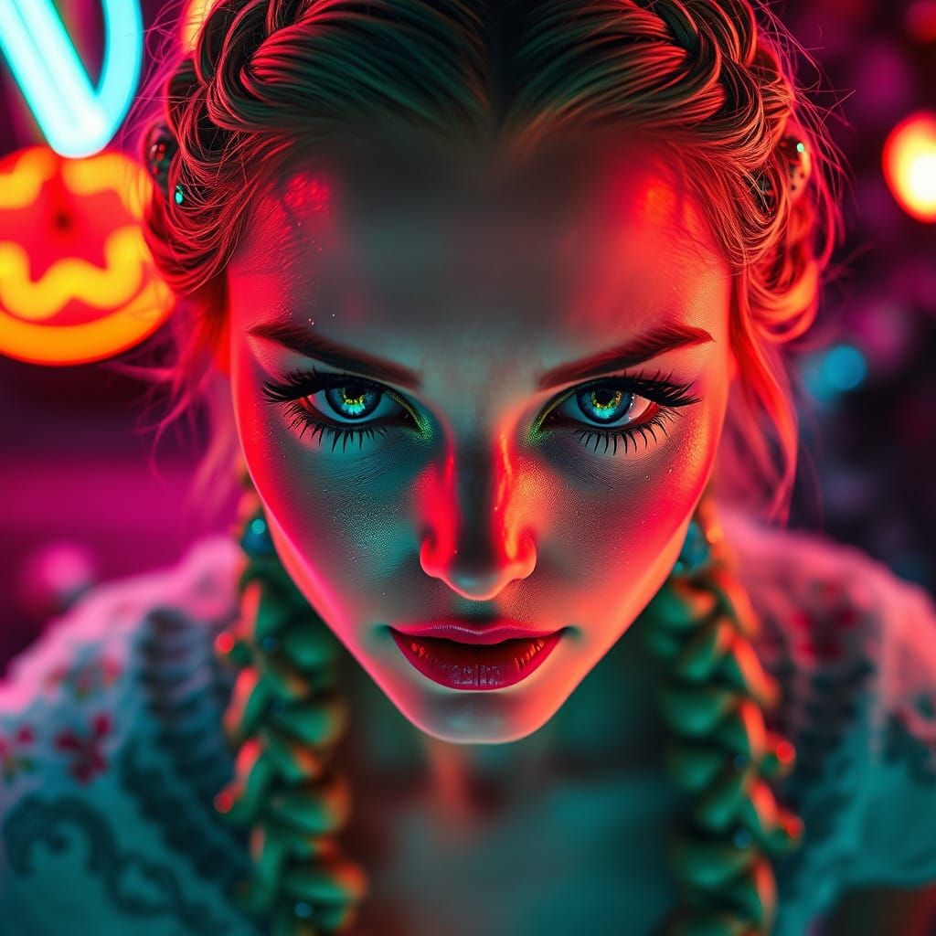 Ethereal Beauty in a Neon-Lit Bar