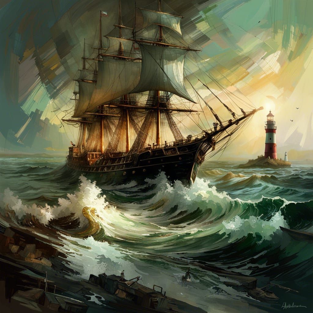 sailing ship and lighthouse  by @Vochomurka