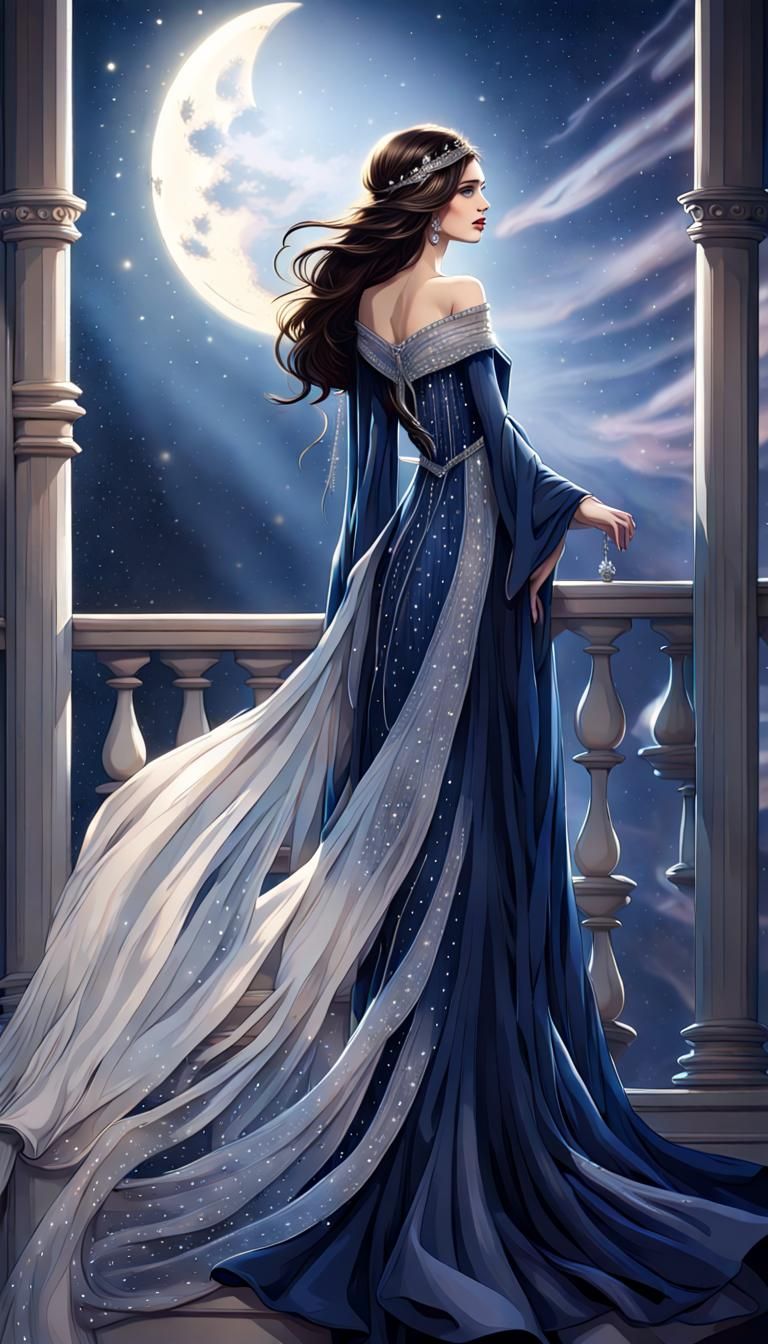 Brunette Princess in Flowing Gown on Balcony