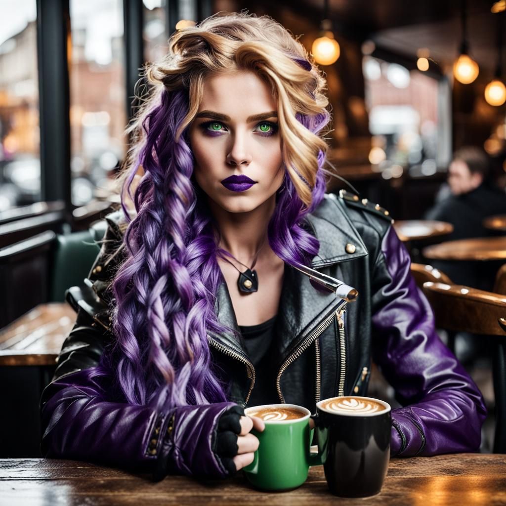 Valkyrie with Viking features, wavy golden hair that has pur...