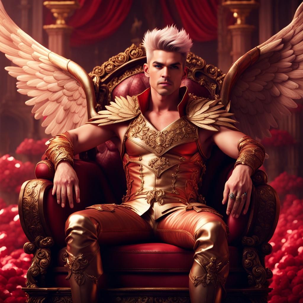 adam lambert as a cupid prince with wings, sitting on a thro...