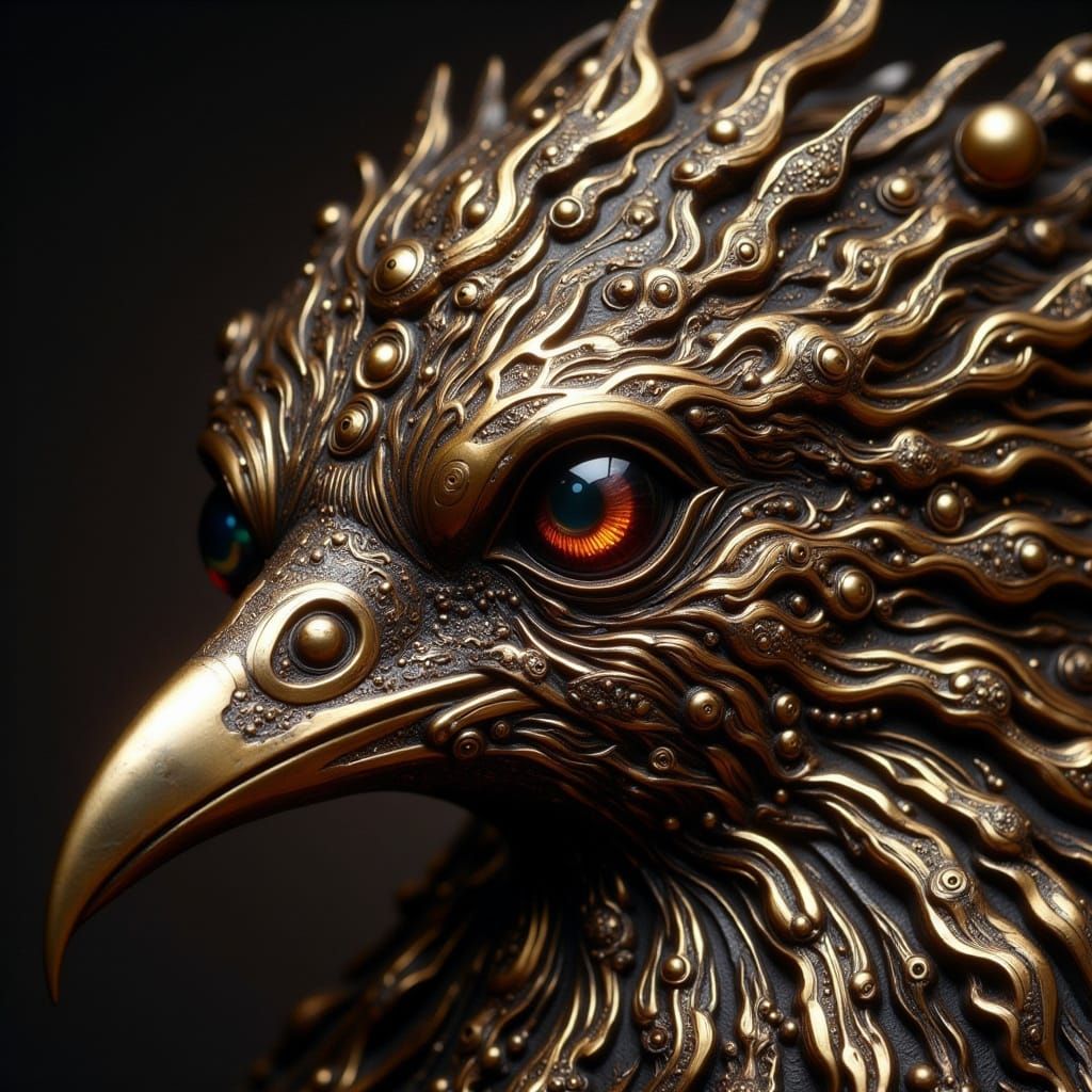 <lora:Golden leaf dust:1.0> <lora:Steampunk World:1.0> The Golden Raven head with an Inlaid eye of Garnet ...  by @CBear