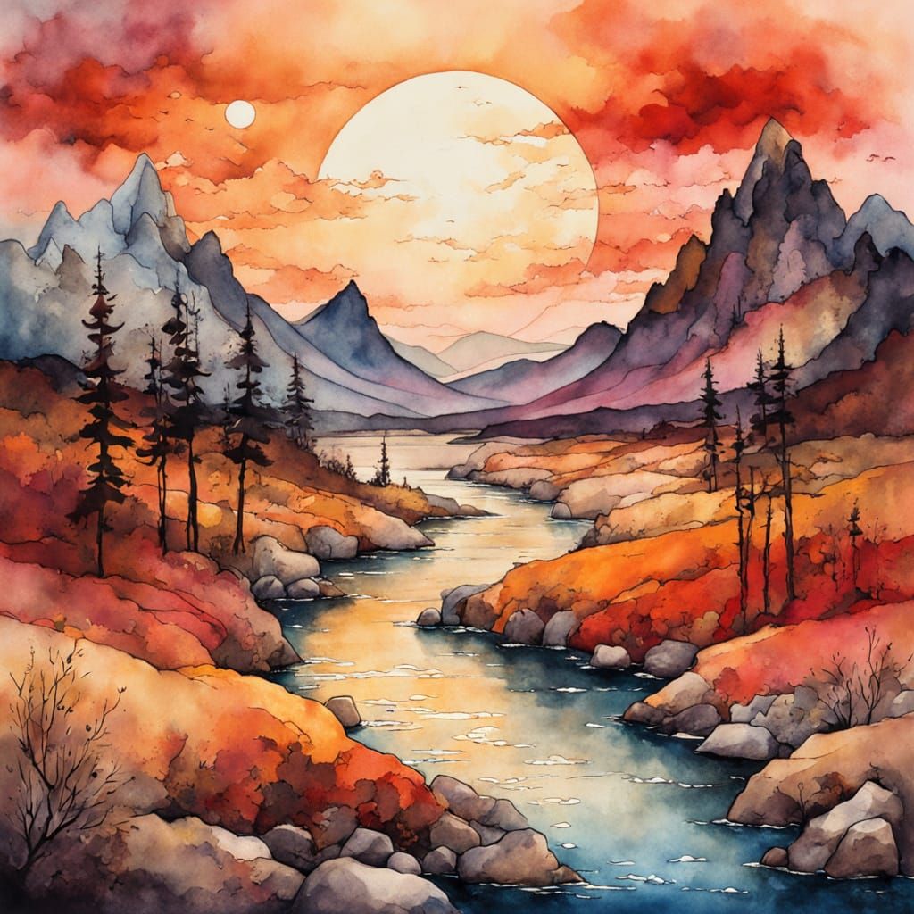 Watercolor Landscape with Rich Warm Colors and Textures