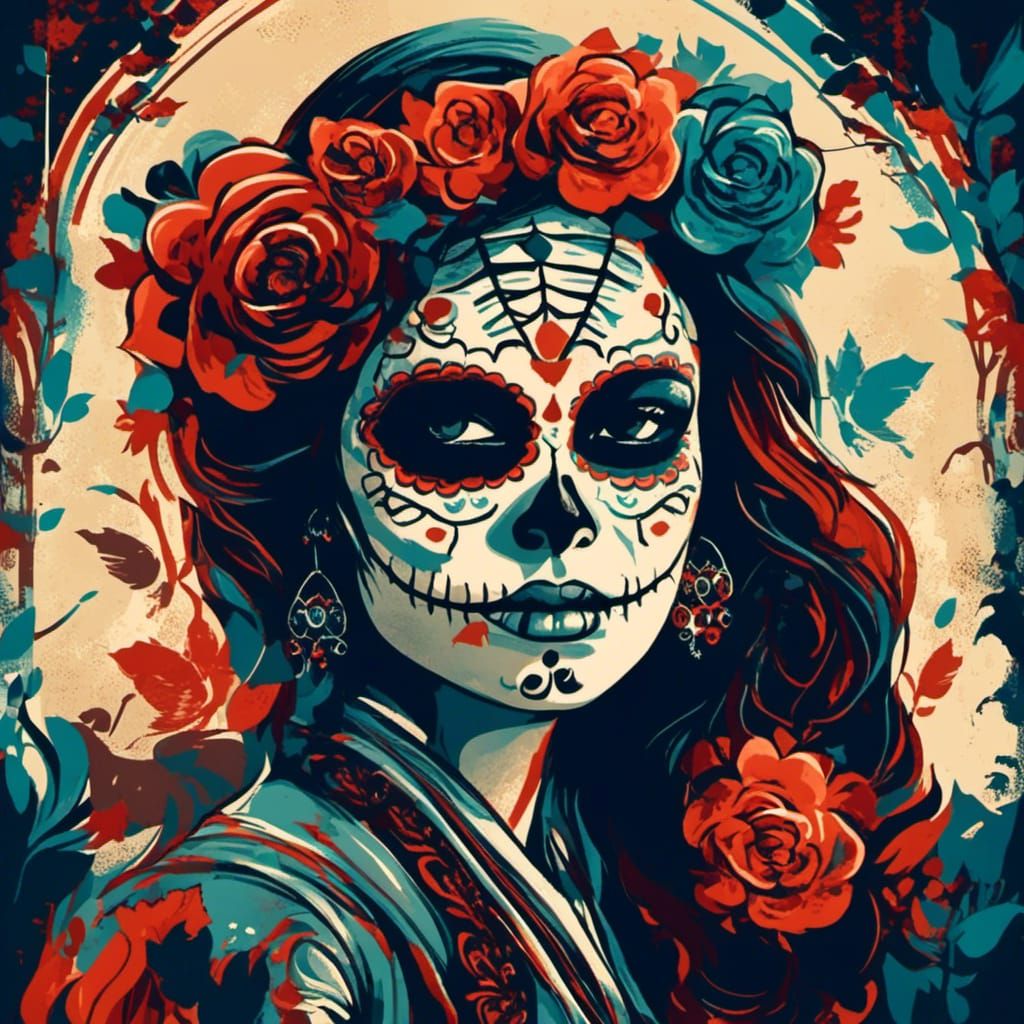 <lora:Film Noir 2D:1.0>
Medium shot of a beautiful woman wearing colorful Día de los Muertos face paint.