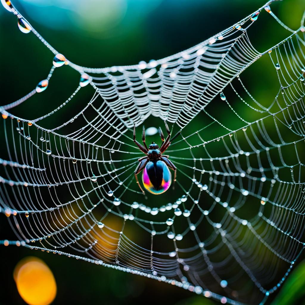 Iridescent Dew Drops on Spiderweb: Macro Photography