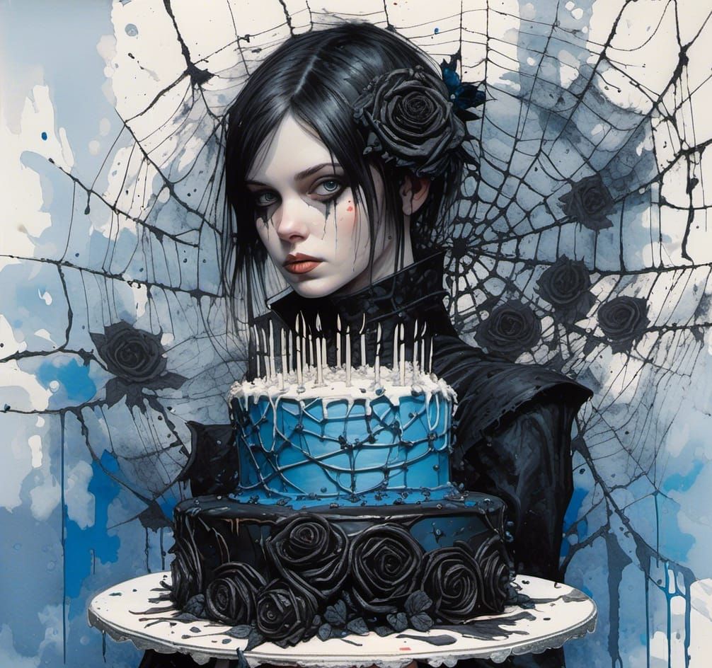 <lora:FoodGloriousFood:1.0>  Ultrafine Close Up HD 3D Octane HD Image; Beautifully Authentic blue eyed goth chick holding intricately detail...