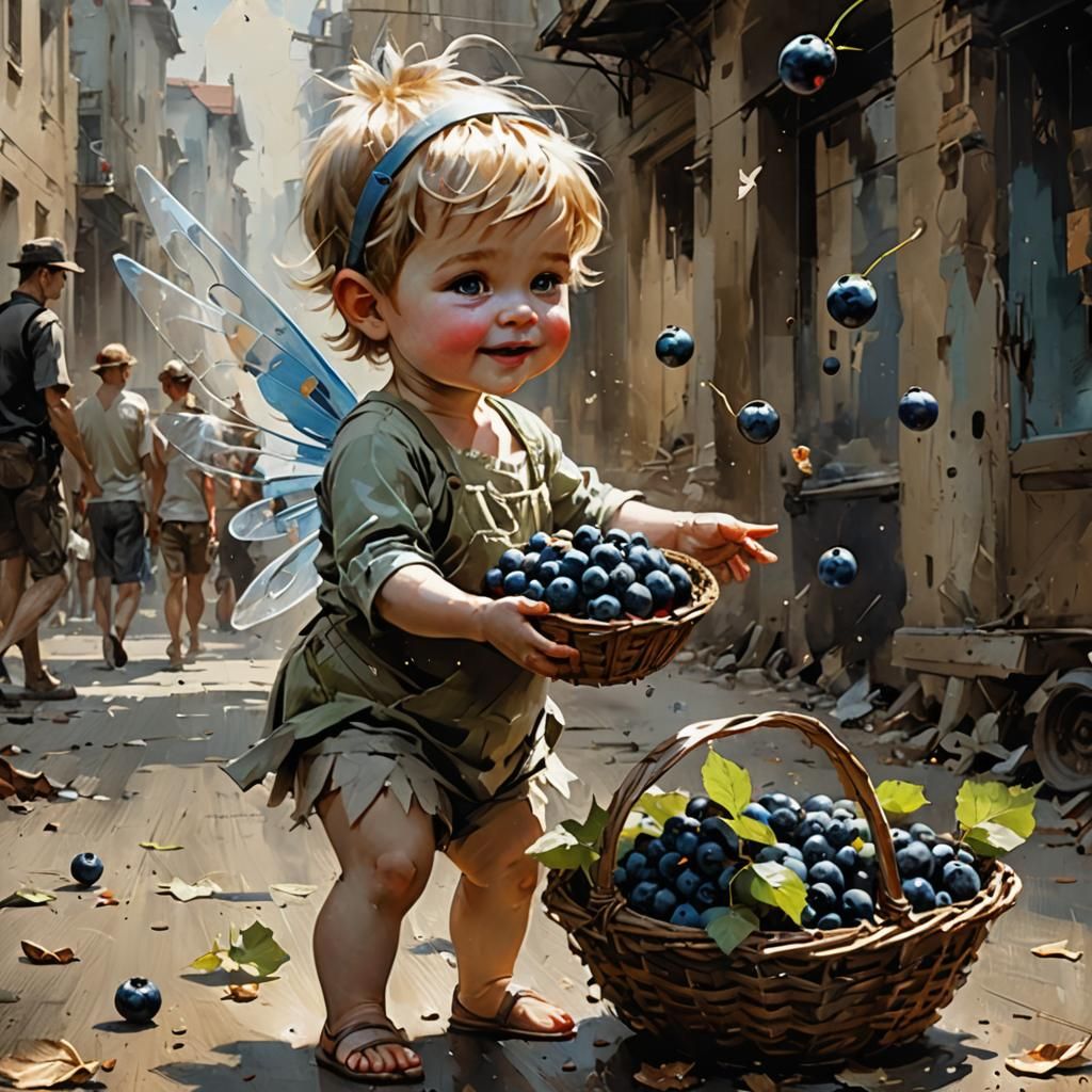 a cute toddler dressed as Tinkerbell juggling blueberries wi...