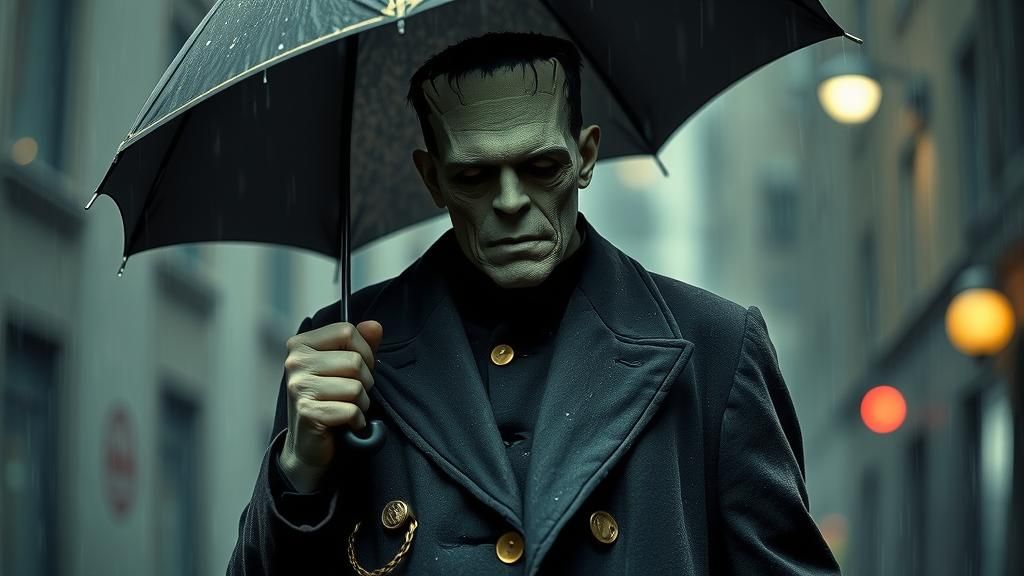 Frankenstein walking in the rain using an umbrella, intricate details, HDR, beautifully shot, hyperrealistic, ...  by @Ed Evans
