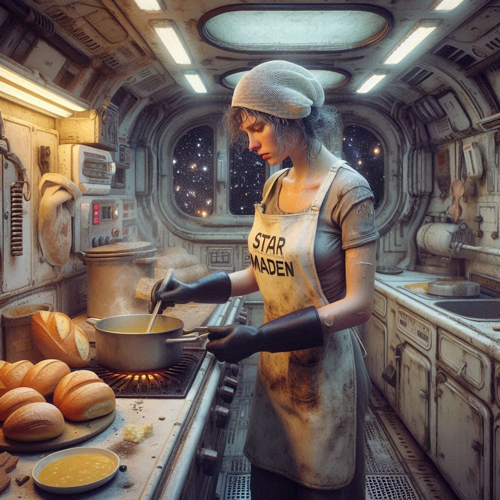 Ships's cook making dinner consisting mainly of bread and so...