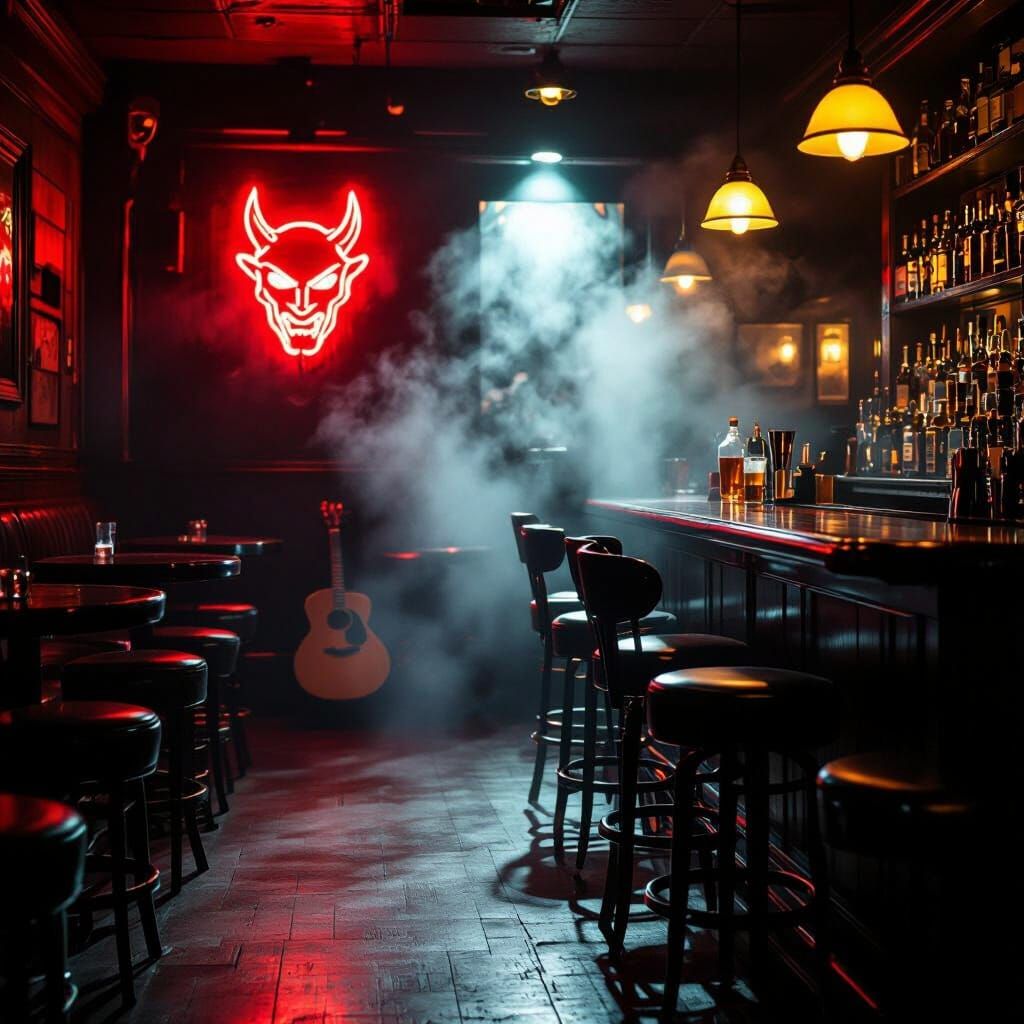 moody cinematic blues bar interior, neon red devil sign glowing on the wall, heavy smoke hanging in the air, soft golden bar lights, empty b...