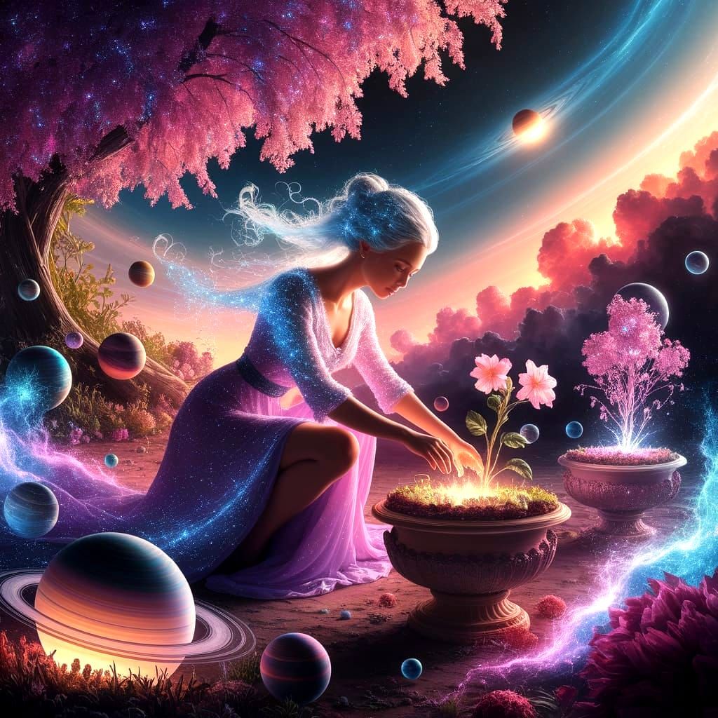 A cosmic gardener tending to a nebula garden, with planets as pots and stars as seeds. The gardener wears robes woven from stardust and uses...