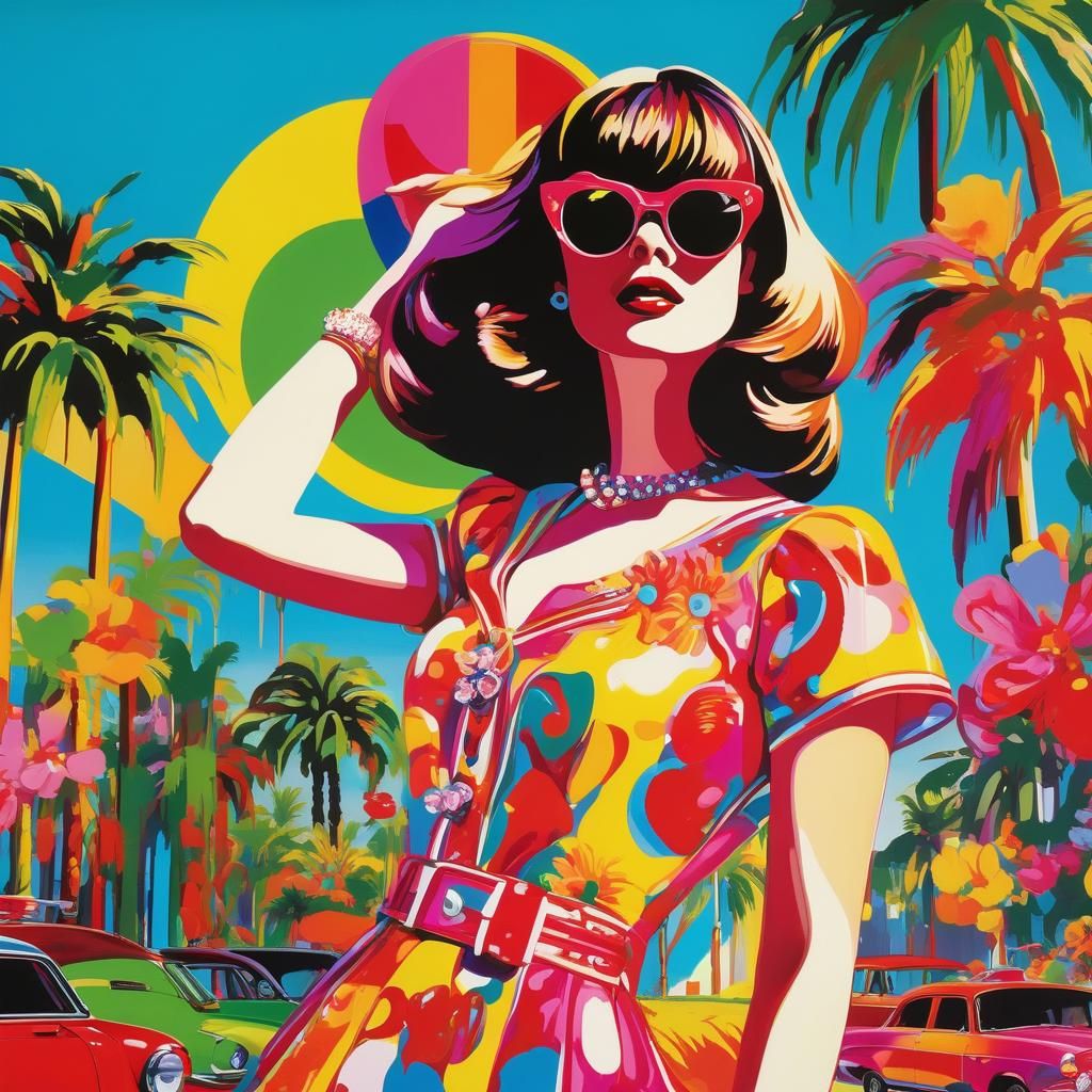 <lora:Sixties Mod:1.0> <lora:Vintage Bella:1.0> <lora:MixedMediaCollage:1.0> Retro, 60's girl in mini dress decorated w/cherries, groovy gla...