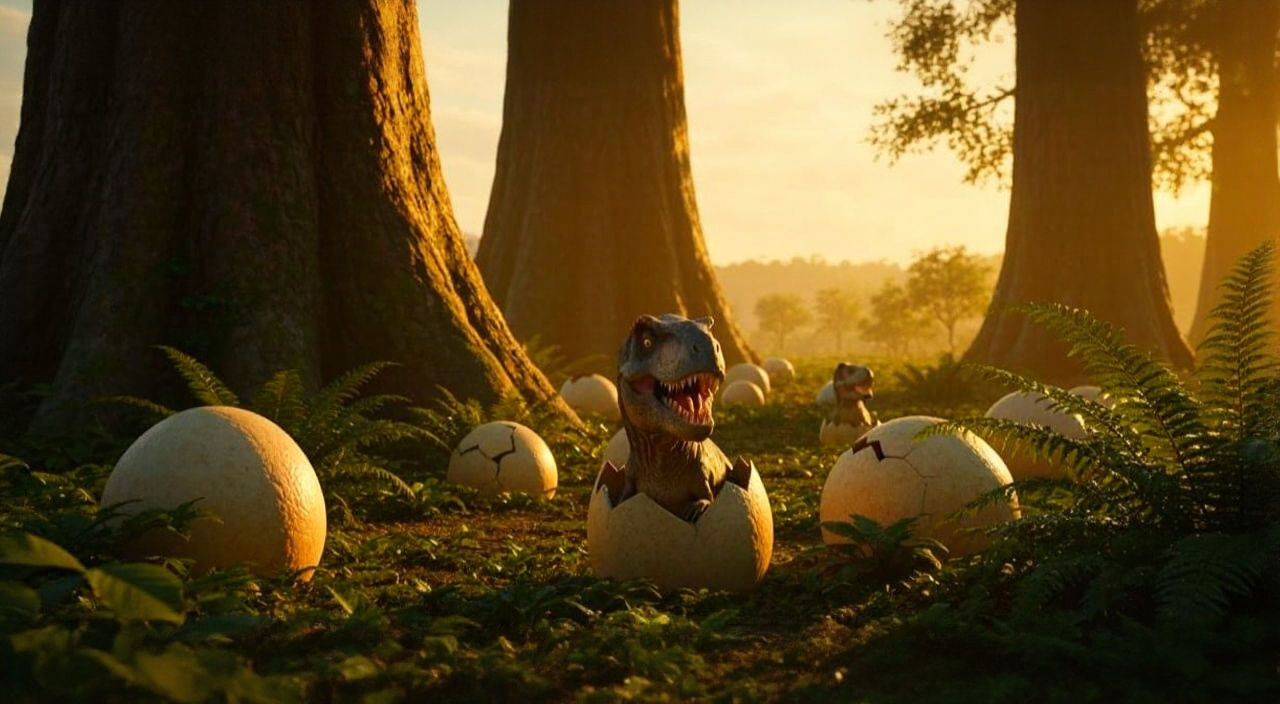 In the Jurassic period, a clutch of eggs begin to hatch, a baby T-Rex sees the world for the first time, in a golden late sun creating dark ...