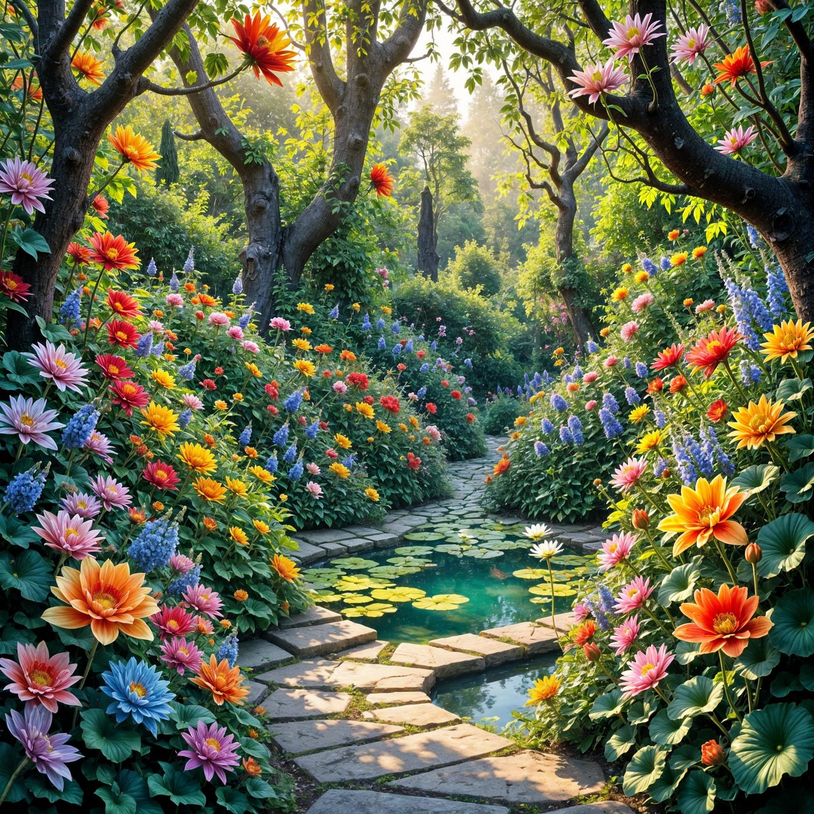 <lora:Floral Clarity:1.0> A breathtakingly beautiful, lush garden teeming with an array of vibrant, exotic flowers in every hue, from velvet...