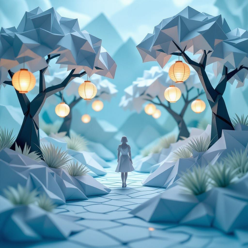 Paper Worlds. A surreal dreamscape constructed entirely from origami paper – floating islands, twisted trees, and a lone figure made of fold...