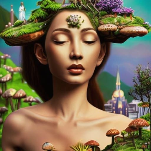 a beautiful, goddess, as a giantess, standing over a miniatu...