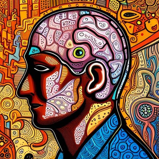 A detailed labeled phrenology head  being closely  examined by a person 