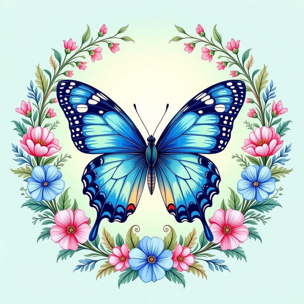 illustration of a blue butterfly with intricate patterns on its wings. The butterfly is surrounded by a wreath of colorful flowers and leave...