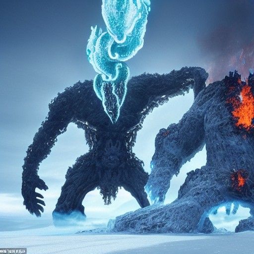 A breathtaking scene depicting two elemental colossus eldrit...