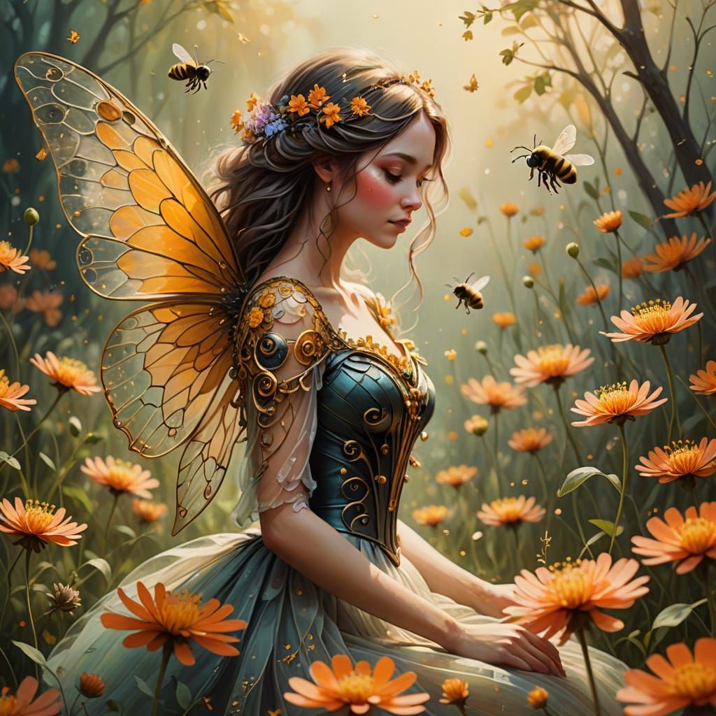 a bumble bee inspired female fairy in a field of orange clover.   by @jim