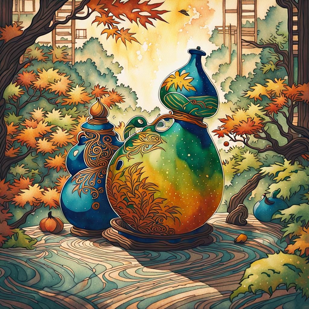 Large gourd on bed of hazel leaves