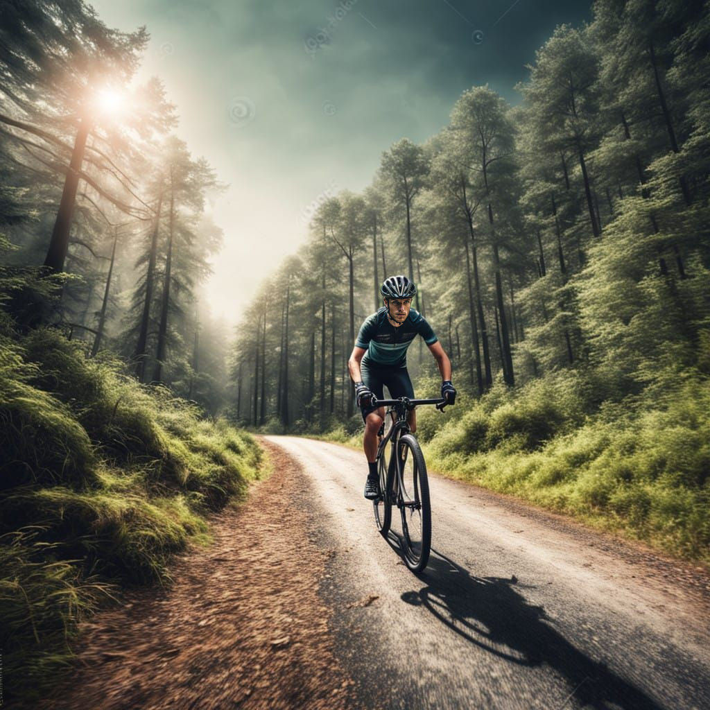 A cyclist on a bicycle in a deep forest. intricate details, HDR, beautifully shot, hyperrealistic, sharp focus, 64 megapixels, perfect compo...