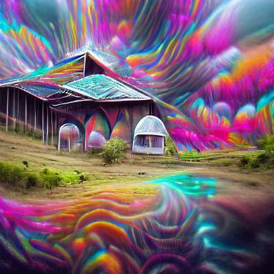 psychedelic farm buildings