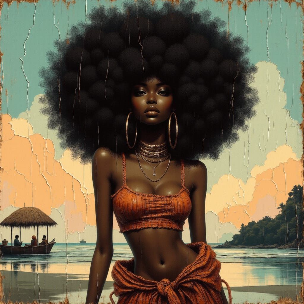 <lora:Goth Grunge Beauty:1.0> <lora:divineOil:1.0> <lora:Moonchild:1.0> <lora:AFRO BEAUTY:1.0> Afro beauty, Portrait of a strikingly elegant...