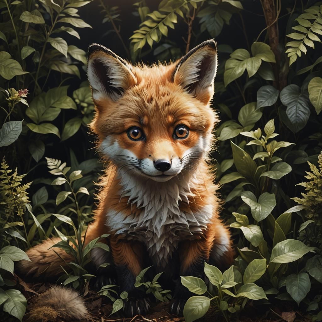 Closeup of a sitting Baby fox surrounded by forest plants and looking up with dark expressive eyes. Cinematic dramatic lighting, warm tones,...