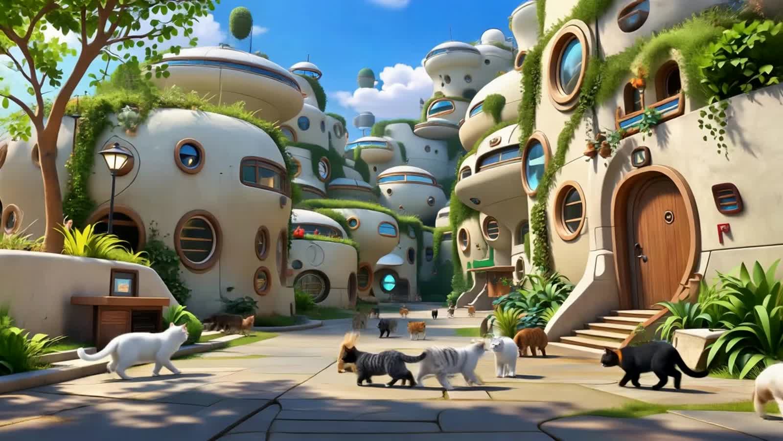 A futuristic cat city no hover vehicles only cats