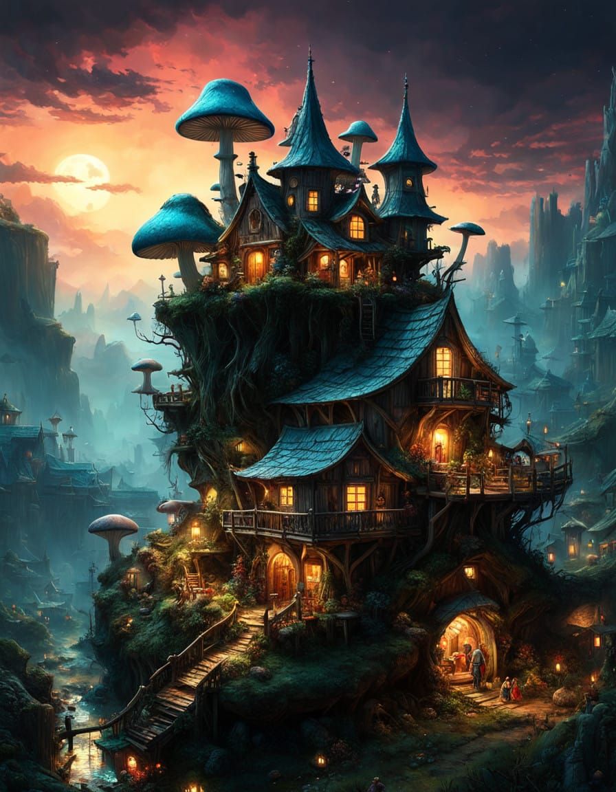 Vibrant Borderland Village Inside Glowing Skull