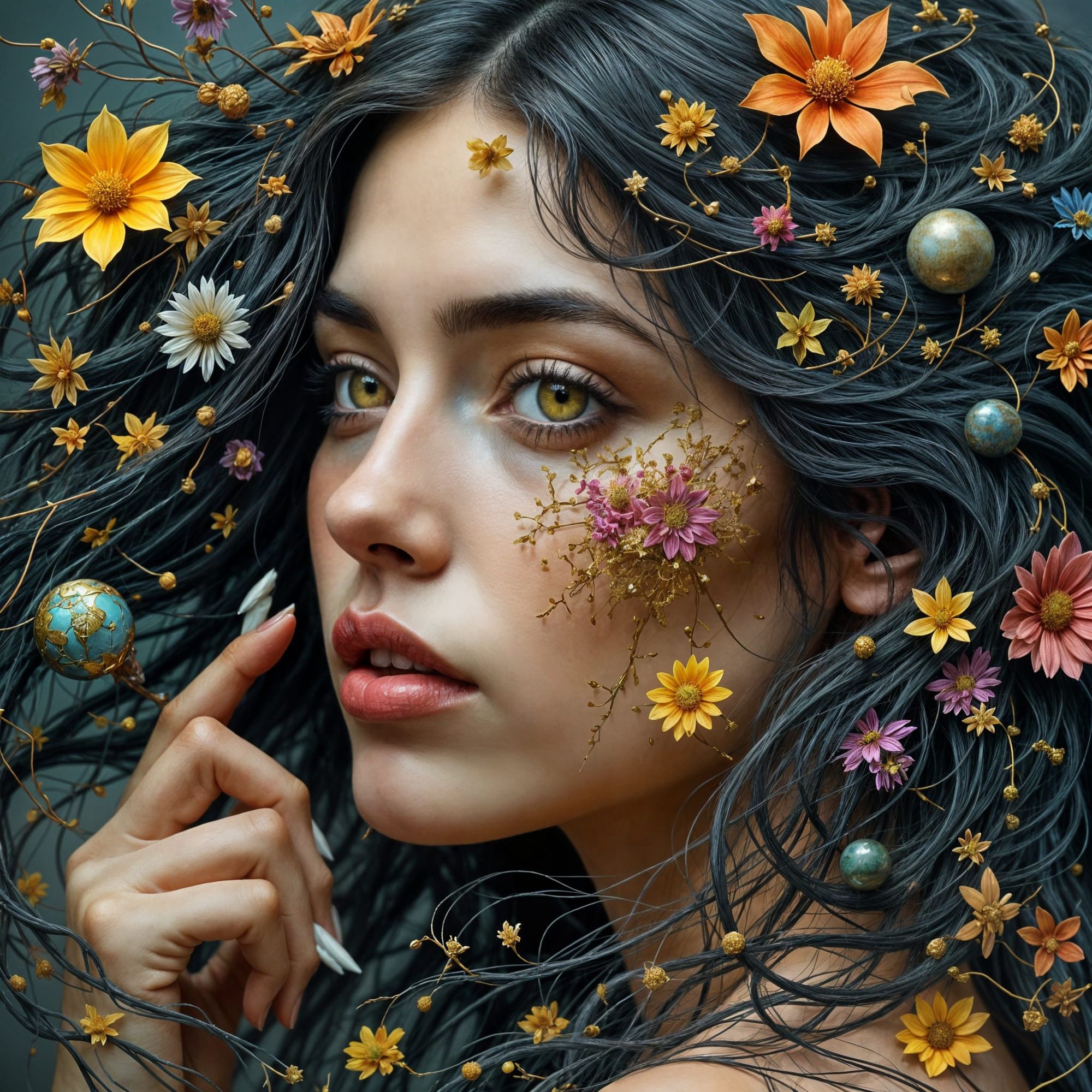 <lora:Fantastika:1.0> <lora:Fluxinated Fantasy:1.0> <lora:picture book:1.0> A hyperrealistic close-up portrait of a beautiful young woman, h...