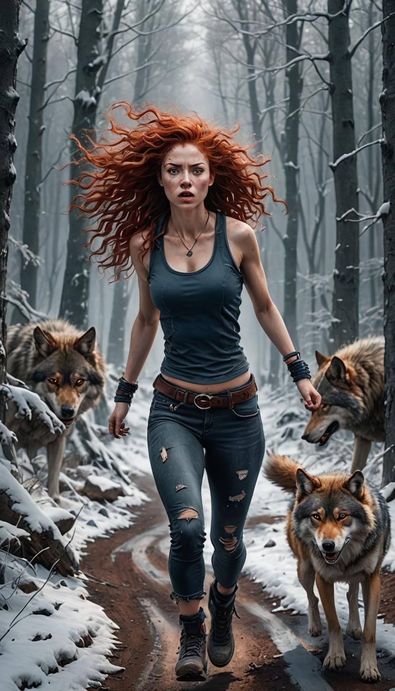 Ultra-realistic 8K image of girl in the winter woods running with wolf. scared, angry, cold. red curly hair. light blue ...