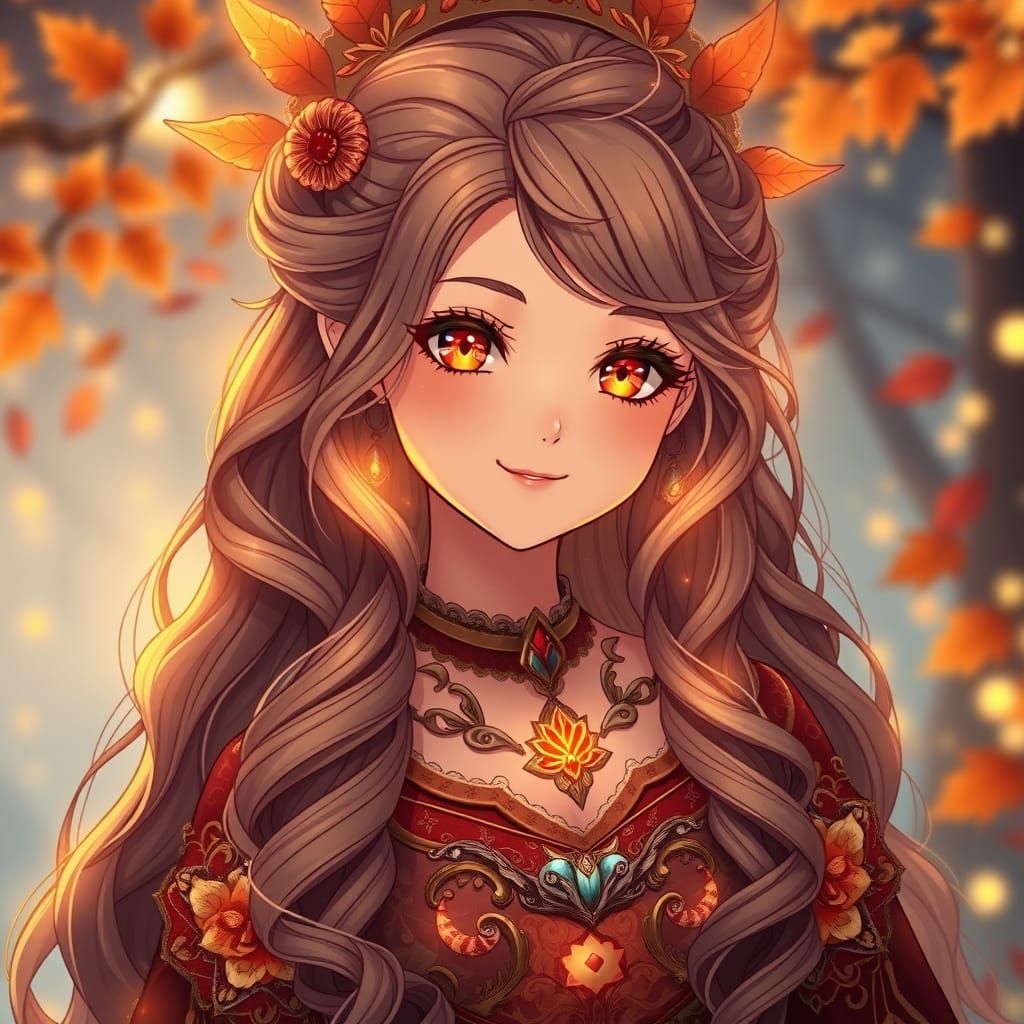 Full body shot of a Thanksgiving themed goddess with long wavy sparkling glowing hair, anime wallpaper style. Cute woman...