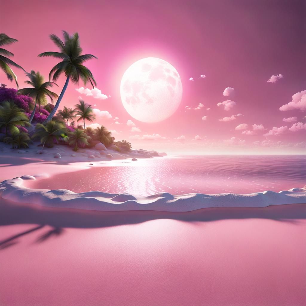 Beach with white sand, beneath a pink sky with a white sun d...