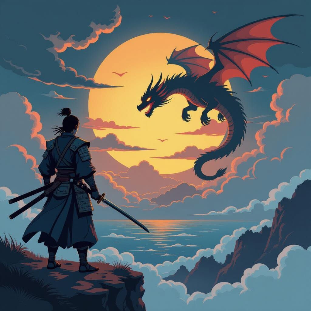 Samurai and Clockwork Dragon in Cartoon Style