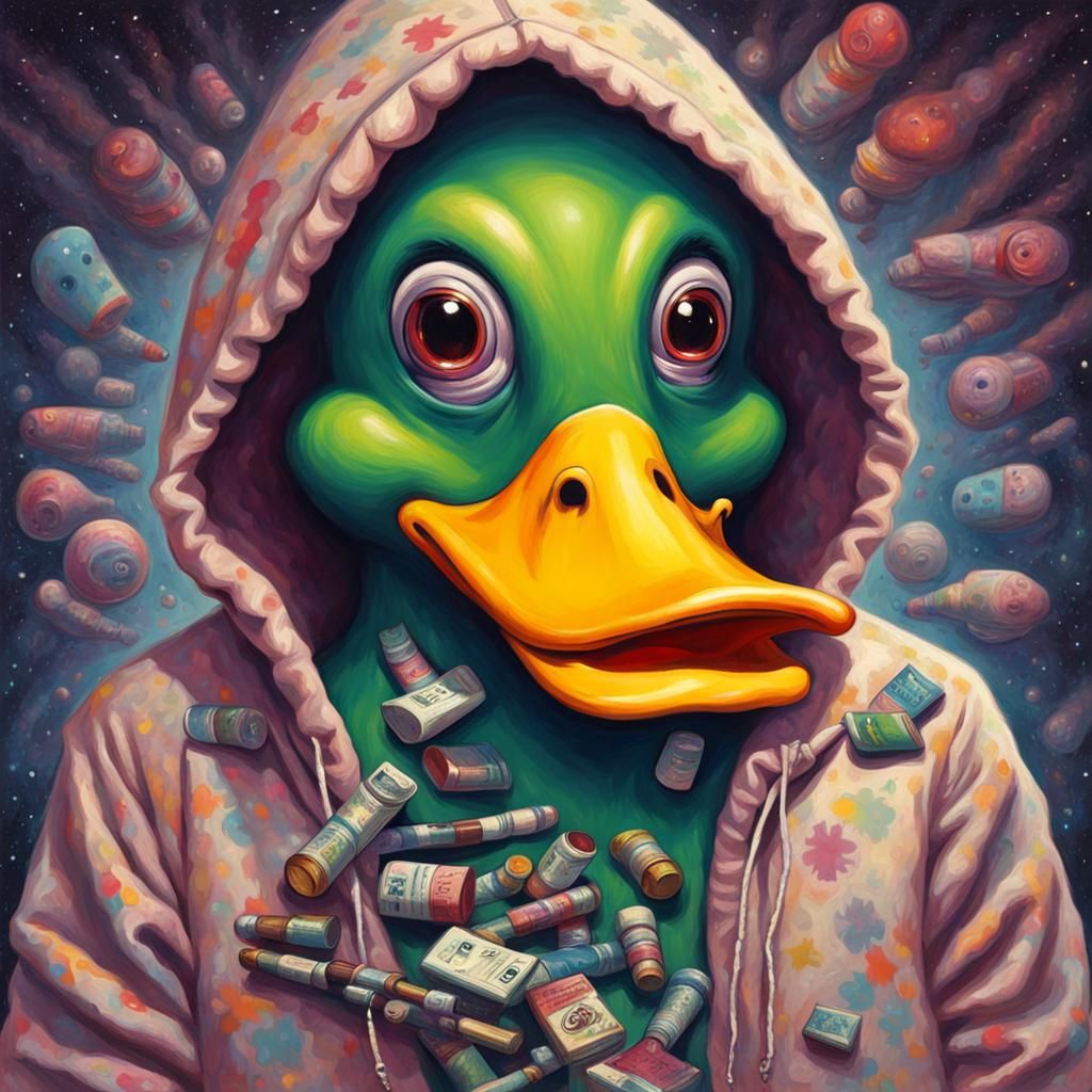 Hooded alien creature duck on lsd and drugs